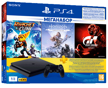 Sony PlayStation 4 1TB Slim Black (CUH-2208B) +3 игры: GT + Ratchet&Clank + Horizon Complete